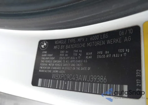 2010 BMW X3 xDrive30I из США, поврежденный, VIN WBXPC9C43AWJ39386